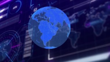 Arayüzde küre ve veri işleme animasyonları. dijital arayüz, iletişim ve teknoloji konsepti dijital olarak oluşturulmuş video.