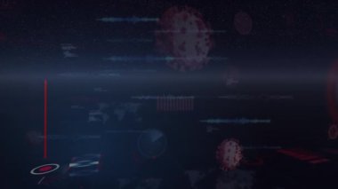 Çoklu çoklu covid-19 hücreleri mavi arkaplanda veri işleme ile birden fazla ekrana karşı yüzüyor. Coronavirus covid-19 salgın konsepti