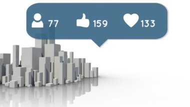 Beyaz zemin üzerinde dönen 3d şehir modeline karşı artan sayılara sahip dijital simgeler. Sosyal medya ağı ve teknoloji kavramı