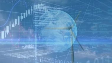 Rüzgar türbini üzerinde ikili kodlama veri işleme animasyonu. küresel çevre, yeşil enerji, iş, bağlantılar, dijital arayüz ve teknoloji konsepti dijital olarak oluşturulmuş video.