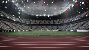 Spor stadyumunun üzerine düşen mavi ve kırmızı konfeti animasyonu. Vatanseverlik ve kutlama konsepti dijital olarak oluşturulmuş video.