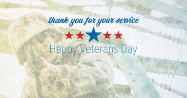 Mutlu Gaziler Günü 'nün animasyonu. Nişan alan erkek askerin üzerine mesaj at. Vatanseverlik, bağımsızlık, ordu ve kutlama konsepti dijital olarak oluşturulmuş video.