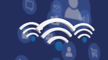 Mavi arka planda süzülen kablosuz ve dijital simgelerin animasyonu. küresel çevrimiçi dijital arayüz, iletişim ve arayüz kavramı dijital olarak oluşturulmuş video.