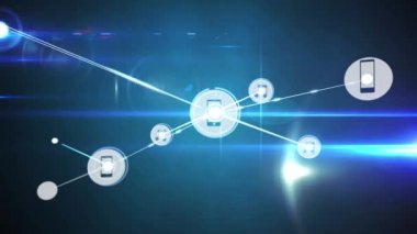 Siyah arkaplan üzerindeki simgelerle bağlantı ağlarının animasyonu. küresel bağlantılar, dijital arayüz, dijital olarak oluşturulan veri işleme konsepti.