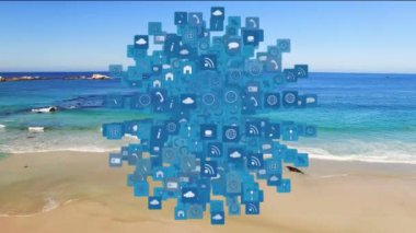 Denizde yüzen dijital simgelerin dünyanın animasyonu. küresel çevrimiçi dijital arayüz, iletişim ve arayüz kavramı dijital olarak oluşturulmuş video.