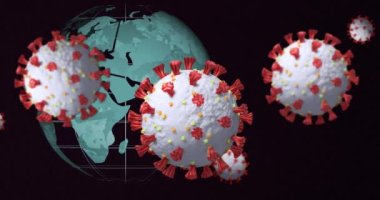 Çoklu covid-19 hücrelerinin dijital animasyonu dönen dünyanın üzerinde siyah arkaplana karşı yüzüyor. Coronavirus covid-19 salgın konsepti
