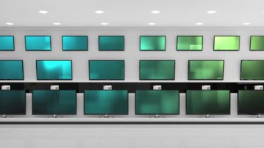 Elektronik mağazasının içinde senkronize video birden fazla televizyon ekranında oynuyor. elektronik ve perakende ticaret teknolojisi kavramı