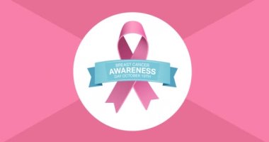 Pembe arka planda beliren pembe kurdele logosu ve göğüs kanseri metninin animasyonu. Göğüs kanseri pozitif farkındalık kampanyası konsepti dijital olarak üretildi.