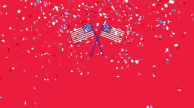 Kırmızı ve mavi konfetilerin düşüşü ve kırmızı arka planda Amerikan bayrakları. Vatanseverlik ve kutlama konsepti dijital olarak oluşturulmuş video.