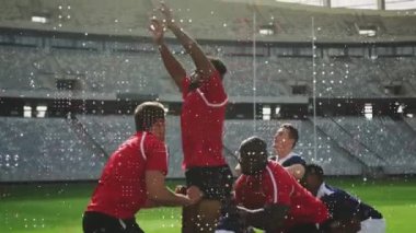 Stadyumda oynanan maçta erkek rugby oyuncularının üzerindeki beneklerin canlandırılması. spor ve yarışma konsepti dijital olarak oluşturulmuş video.
