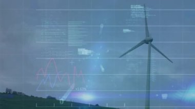 Rüzgar türbini üzerinde finansal veri işleme animasyonu. 