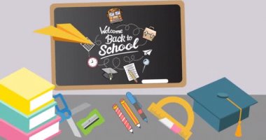 Gri arkaplan üzerine okula dönüş metninin animasyonu. okul, eğitim ve öğrenim konsepti dijital olarak oluşturulmuş video.