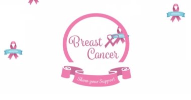 Beyaz arka planda beliren göğüs kanseri metninin üzerine düşen çoklu pembe kurdele logosu animasyonu. Göğüs kanseri pozitif farkındalık kampanyası konsepti dijital olarak üretildi