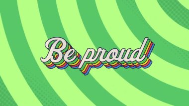 Yeşil radyal arka planda gökkuşağı gölge efektli gururlu metnin dijital animasyonu. Video oyunu arayüzü teknolojisi kavramı