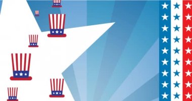 Amerikan bayrağıyla renklendirilmiş şapkaların canlandırılması yıldızların ve şeritlerin arka planında. Vatanseverlik ve kutlama konsepti dijital olarak oluşturulmuş video.