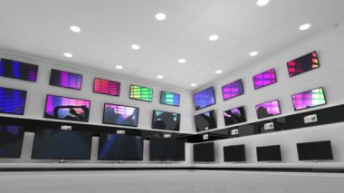 Elektronik mağazasının içinde senkronize video birden fazla televizyon ekranında oynuyor. elektronik ve perakende ticaret teknolojisi kavramı