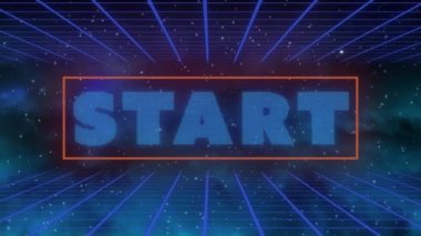 Kayan yıldızlara ve mavi arkaplandaki ızgara ağına karşı başlangıç metninin dijital animasyonu. Video oyunu arayüzü ve teknoloji kavramı