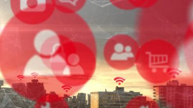 Şehrin yüzeyinde kablosuz internet ve dijital simgelerin canlandırılması. küresel çevrimiçi dijital arayüz, iletişim ve arayüz kavramı dijital olarak oluşturulmuş video.
