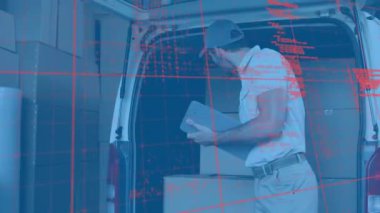 Minibüste pano kontrol eden beyaz bir teslimatçı hakkında veri işleme. lojistik ve ulaşım sektörü kavramı