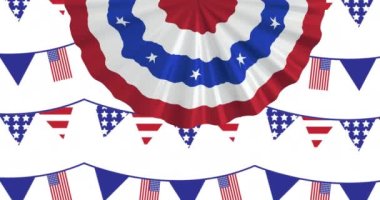 Beyaz arka planda telli Amerikan bayraklarının animasyonu. Vatanseverlik ve kutlama konsepti dijital olarak oluşturulmuş video.