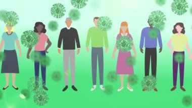 Covid-19 hücreleri yeşil arkaplanda sosyal mesafeyi koruyan insanların üzerinde yüzüyor. Coronavirus covid-19 salgın konsepti