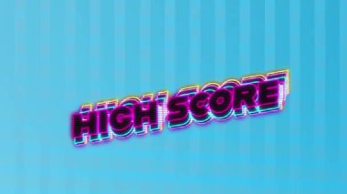 Mavi arkaplandaki çizgilere gölge etkisi olan neon yüksek skorlu metnin dijital animasyonu. Video oyunu arayüzü ve teknoloji kavramı