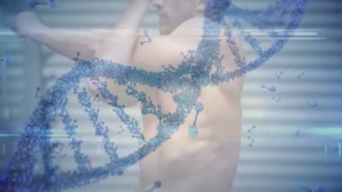 Spor salonunda egzersiz yapan kaslı adamın üzerinde DNA ipliği. global spor, fitness ve veri işleme konsepti dijital olarak oluşturulmuş video.