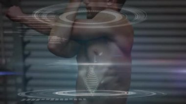 Animasyon DNA 'sı kas yapan adamın üzerinde. spor ve yarışma konsepti dijital olarak oluşturulmuş video.