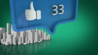 Mavi konuşma balonunda artan sayılara sahip ikon gibi yeşil arkaplanda 3D şehir modeline karşı. Sosyal medya ağı ve teknoloji kavramı