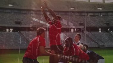 Spor stadyumundaki veri işleme ve ragbi oyuncularının animasyonu. küresel spor ve yarışma konsepti dijital olarak oluşturulmuş video.