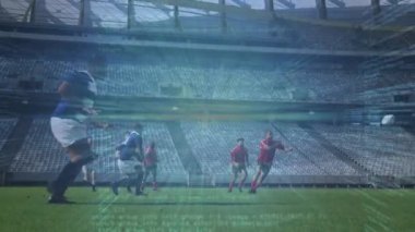 Stadyumdaki ragbi oyuncuları üzerinde veri işleme animasyonu. global spor, fitness ve veri işleme konsepti dijital olarak oluşturulmuş video.