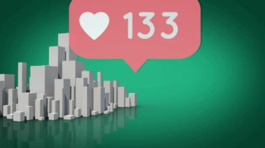 Kırmızı konuşma balonunda artan sayılara sahip kalp simgesi yeşil arka planda 3D şehir modeline karşı. Sosyal medya ağı ve teknoloji kavramı