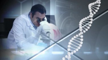 Laboratuvarda bilim adamının üzerinde dönen DNA iplikçiklerinin canlandırması. Bilim ve araştırma konsepti dijital olarak oluşturulmuş video.