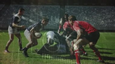 Spor stadyumundaki veri işleme ve ragbi oyuncularının animasyonu. küresel spor ve yarışma konsepti dijital olarak oluşturulmuş video.