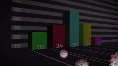 Siyah zemin üzerinde istatistiksel veri işleme karşı çoklu covid-19 hücrelerinin dijital animasyonu. Coronavirus covid-19 salgın konsepti