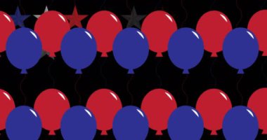 Siyah arka planda kırmızı ve mavi yıldızların ve balonların animasyonu. Vatanseverlik ve kutlama konsepti dijital olarak oluşturulmuş video.
