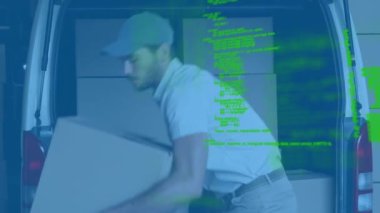 Minibüsten kutuları boşaltan teslimatçı üzerinde veri işleme animasyonu. küresel sevkiyat, dağıtım ve bağlantılar konsepti dijital olarak oluşturulmuş video.
