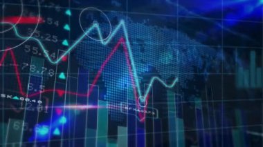Dünya haritası üzerinde istatistik ve finansal veri işleme animasyonları. küresel iş, finans, veri işleme ve teknoloji konsepti dijital olarak oluşturulmuş video.