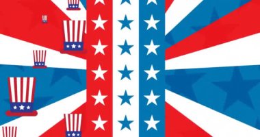 Beyaz arka planda Amerikan bayrağıyla boyanmış şapkaların animasyonu. Vatanseverlik ve kutlama konsepti dijital olarak oluşturulmuş video.