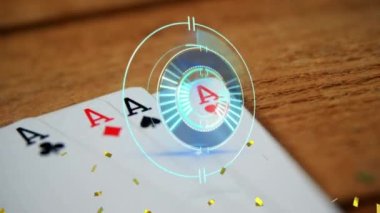 Konfeti animasyonu, oyun kartlarıyla tarama. Kumar, kazanma ve kumarhane konsepti dijital olarak üretilen video.