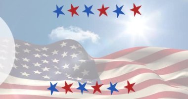 Mutlu gaziler günü metinleri ve Amerikan bayrağı üzerindeki yıldızların animasyonu. Vatanseverlik ve kutlama konsepti dijital olarak oluşturulmuş video.