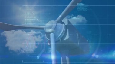 Rüzgar türbini üzerinde finansal veri işleme animasyonu. küresel çevre, yeşil enerji, iş, bağlantılar, dijital arayüz ve teknoloji konsepti dijital olarak oluşturulmuş video.
