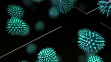 Siyah zemin üzerinde beyaz çizgilere karşı yüzen çoklu yeşil covid-19 hücrelerinin dijital animasyonu. Coronavirus covid-19 salgın konsepti