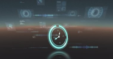 Neon dijital saat, mavi arkaplanda çoklu yuvarlak tarayıcı ve veri işleme sistemlerine karşı işliyor. bilgisayar arayüzü ve teknoloji kavramı