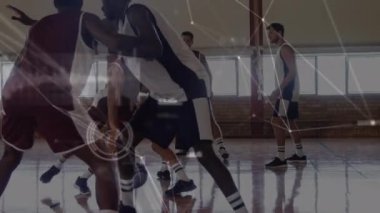 Spor salonundaki basketbol maçında bağlantı ağının animasyonu. global spor, fitness ve veri işleme konsepti dijital olarak oluşturulmuş video.