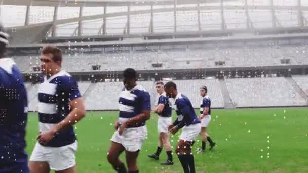 Animación Spots Sobre Jugadores Masculinos Rugby Durante Partido Estadio Concepto — Vídeos de Stock