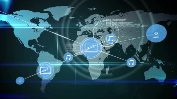 Animação Redes Conexões Com Ícones Sobre Mapa Mundo Conexões Globais — Vídeo de Stock