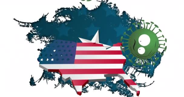 Animering Coronavirus Celler Över Usa Karta Färgad Med Amerikansk Flagga — Stockvideo