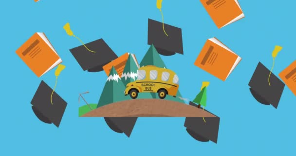 卒業帽子と青を背景にスクールバスのアイコンに落ちる本のアイコン 学校や教育の概念に戻り — ストック動画