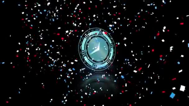 Animation Horloge Confettis Tombant Sur Fond Noir Fête Nouvel Concept — Video